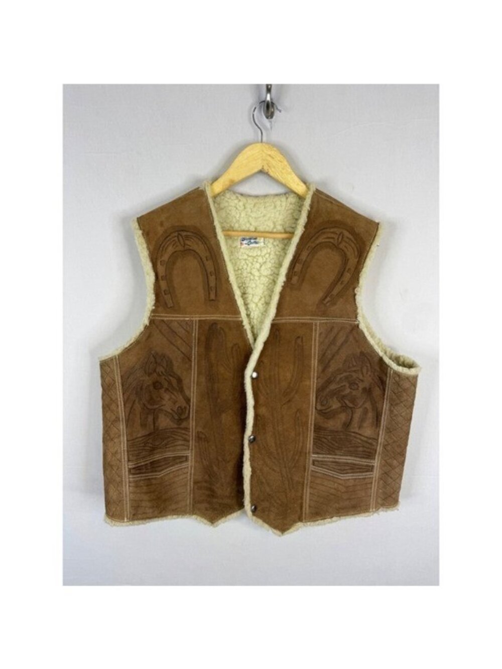 Vintage Western Tooled Leather Horse Vest Brown Suede Faux Shearling Mens L
